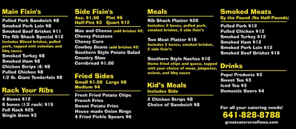 Rib Shack of Iowa Menu